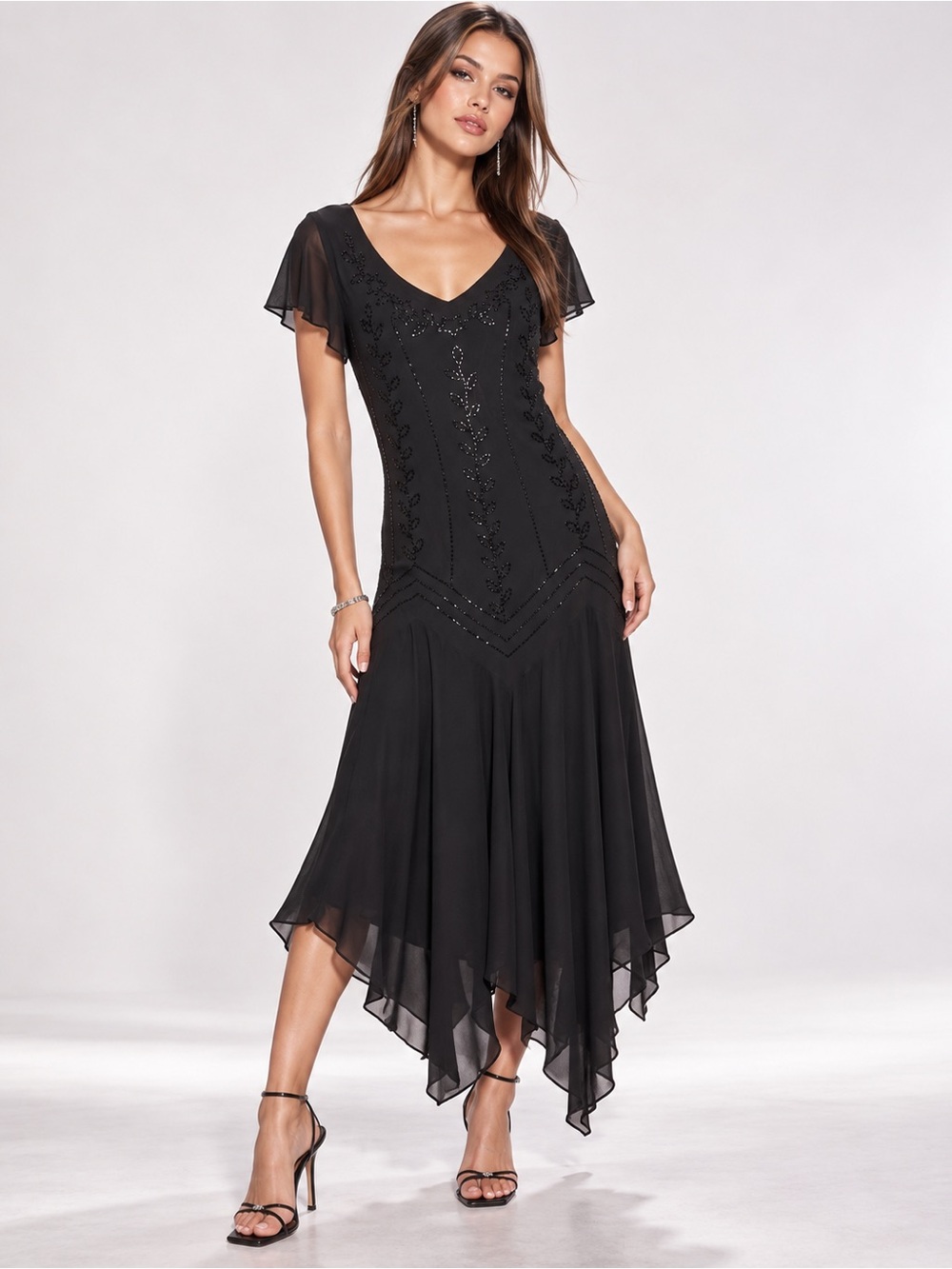 Vintage silk beaded black dress size 10 asymmetric hem witchy Whimsigoth Y2K